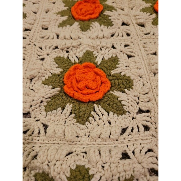 Vintage Handmade Crochet Blanket HUGE Comforter 102"x91" Beige Orange Floral - Picture 2 of 6